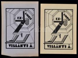 Dinnyés Ferenc  (1886-1958): 2 db Ex libris, Villányi Á. Fametszet, papír, jelzett a dúcon, két színben,  8×6 cm (2×)