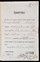 1872 Igazolvány,  a Pesti p. kereskedői testület tanúsítja, hogy tanuló-inas bejegyeztetett, pp.:19,...