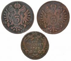 1762K 1kr Cu "Mária Terézia" + 1800B+S 3kr Cu "I. Ferenc" (2x), egyiken az évszá...