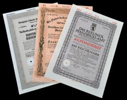 3db klf német részvény, közte Német 3. Birodalom / Berlin 1942. "Berlini Kötvényhivatal" 4%-os kötvénye 100M-ról, lyukasztással érvénytelenítve T:I- 3pcs of diff german shares, with German Third Reich / Berlin 1942. "Bond Office of Berlin" 4% bond about 100 Marks, cancelled by holes C:AU