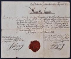 1848 Katonai házassági engedély, töredezett viaszpecséttel, 19x24cm