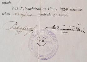 1929 Elismerő irat, Magyar Nemzeti Szövetség Szabolcsvármegyei és Nyíregyházi köre Irredenta ifjúság...