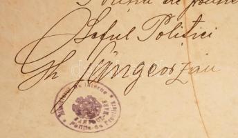 1928 Kényszer Útlevél a román határ átlépésre több pecséttel, köztük Vama Santa-Mare-i hatóságé, 34x...