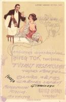 Littke Casino Extra Sec. menülapként használt művészi hosszú címzéses reklám képeslap Egyed György ceglédi vendéglőjéből / Hungarian Art Nouveau champagne advertising postcard used as menu card, litho (EK)