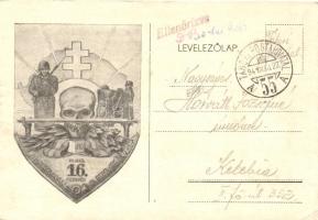 1941 A m. kir. 16 .honvéd határvadász üteg grafikai képeslapja / greetin card of the  WWII Hungarian homeguard border patrol artillery (EK)