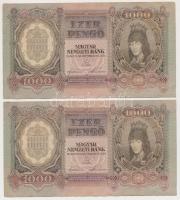 1943. 1000P (2x) közeli sorszám, hullámos papír T:II egyiken sarokhiány Adamo P21