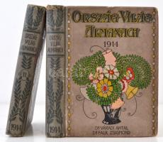 Váradi Antal - Falk Zsigmond (szerk.):Ország-Világ Almanach 1914.I-II. Az Ország-Világ szépirodalmi képes hetilap előfizetőinek újévi ajándéka. Budapest, 1914., Országos Irodalmi Rt. Díszes, festett, szecessziós kiadói félvászon-kötésben, 282+282 p. Szövegközti képekkel, reklámokkal gazdagon illusztrálva. A könyvek megviselt állapotban. A borítók kopottak, foltosak. A könyvek kötései lazák, sérültek. Az II. kötet egyik sarka sérült. Az I. kötet lapjai foltosak.