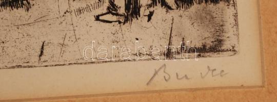 Bencze László (1907-1992): Szekerek. Rézkarc, papír, jelzett, paszpartuban, 23x39 cm