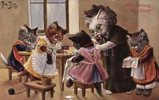Aller Anfang ist schwer; cats, housewife school; Theo Stroefer Serie 962. s: Arthur Thiele