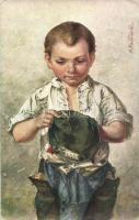 Nach der Schlacht, boy, W. R. B. & Co. Galerie Wiener Künstler No. 783. s: M. Budinski (EK)