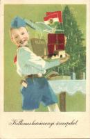 Kellemes karácsonyi ünnepeket! úttörő motívumlap / Christmas motive postcard, Hungarian Pioneer movement