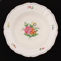 Mély nyomott pajzs jelzéssel nagy mélytányér, kézzel festett, kopott, d:26cm