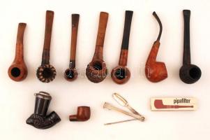 Nagy pipa tétel, 9 db különböző pipával, pipafilterrel, pipatömővel, összesen 11 db