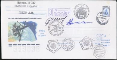 Signatures of  Sergey Zalyotin (1962- ) and Aleksandr Kaleri (1956- )  Russian astronauts on envelope, Szergej Zaljotyin (1962- ) és Alekszandr Kaleri (1956- ) orosz űrhajósok aláírásai emlékborítékon