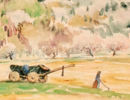 Farkasházy Miklós (1895-1964): Kapáló asszony. Akvarell, papír, jelzett, 46×34 cm