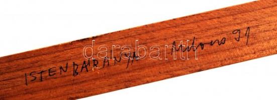 Melocco Miklós (1935-): Isten báránya (1991). Bronz, jelzett, fa korpuszra csavarozva, m:17 cm, korp...