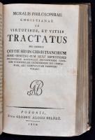 3 latin nyelvű munka egybekötve.  1. Mailáth György (1786-1861): Assertiones ex universa philosophia quas sub gratiosis auspiciis excellentissimi, illustrissimi, et reverendissimi domini Francisci Xaverii Fuchs. Pozsony, 1803, Georgii Aloysii Belnay.  2. Miscellanea, quibus regnum rationis christianorum animalium, placita carni, affectibusque dolosis blandientia, pro totidem rationis legibus adoptantium, ... Pozsony, 1803, Georgii Aloysii Belnay. 3. Moralis philosophiae christianae de virtutibus, et vitiis tractatus...Pozsony, 1802, Georgii Aloysii Belnay. Korabeli aranyozott gerincű bőrkötés, a gerincén aranyozott Miscellanea felirattal, 16+XXXII+2+272+VIII+224 p. Latin nyelvű.  A borítója kopottas, foltos. A lapok foltosak. Az utolsó lapok némileg hiányosak.