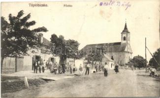 Tápióbicske, Fő utca, Rein Mihály kereskedése, templom