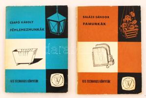 A "Kis technikus könyvtár" 2 kötete: Csapó Károly: Fémlemezmunkák. Bp., 1968, Táncsics Könyvkiadó. Kicsit kopott papírkötésben, jó állapotban.; Balázs Sándor: Famunkák. Bp., 1968, Táncsics Könyvkiadó. Papírkötésben, jó állapotban.