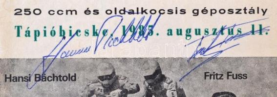 1985 Hansi Bächtold (1956- ) és Fritz Fuß (?- ) motocross világbajnokok aláírásai az 1985. évi tápió...