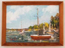 Bánfi jelzéssel: Vitorlások a mólónál. Olaj, karton, fa keretben, 23x32 cm