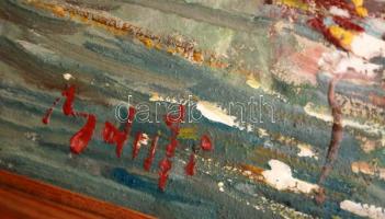 Bánfi jelzéssel: Vitorlások a mólónál. Olaj, karton, fa keretben, 23x32 cm