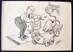 Gömöri Imre (1902-1969): Apuci kedvence, humoros fogászati karikatúra, tus, papír, hajtásnyomokkal, 18×25,5 cm