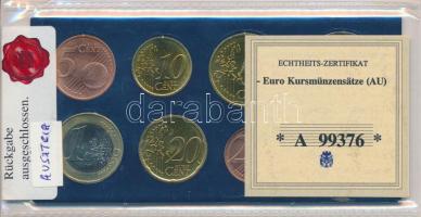 Ausztria 2002. 1c-2EUR (8xklf) forgalmi sor fóliatokban számozott tanúsítvánnyal T:1 Austria 2002. 1 Cent - 2 Euro (8xdiff) coin set in foil packing with numbered certificate C:UNC