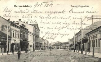 Marosvásárhely, Targu Mures; Szentgyörgy utca, Bor és sörcsarnok, gyógyszertár, bútorraktár / street, wine and beer hall, pharmacy, furniture shop  (EK)