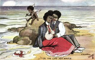 'By the lone sea waves' Raphael Tuck & Sons, Oilette, Dark Girls & Black Boys  Postcard No. 9428, s: H. Dix Sandford