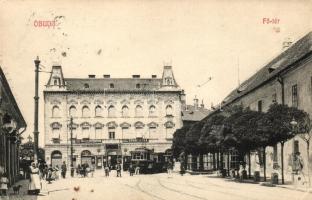 Budapest III. Óbuda, Fő tér, Takarékpénztár, Reb Károly üzlete, villamos (EK)