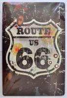 "Route US 66" feliratú vintage fém tábla. 20x30 cm. Eredeti, bontatlan csomagolásban.  Utángyártott.