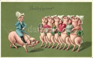 Boldog új évet! / New Year greeting card, pigs, litho (EB)