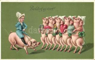 Boldog új évet! / New Year greeting card, pigs, litho (EB)