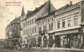 Miskolc, Széchenyi utca, Miskolczi áru csarnok, Bartos Jakab üzlete, villamos (r)