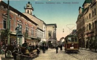 Miskolc, Széchenyi utca, Nemzeti színház, villamos, Liebling üzlete. Grünwald I. kiadása (EB)