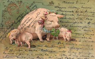 New Year, pigs, clover, horseshoe, Emb. litho  (EK)