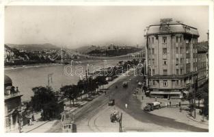 Budapest V. Belgrád rakpart, Weinberger Dezső és Felédi Andor üzlete, 88-as villamos, automobilok