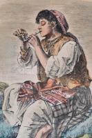 Soproni jelzéssel: Pipázó cigánylány, papír, színezett litográfia, foltos, 32x25cm
