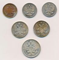 Orosz Birodalom 1914. 10k Ag (3x) + 15k Ag (2x) + 20k Ag T:2 patina
Russian Empire 1914. 10 Kopeks ...