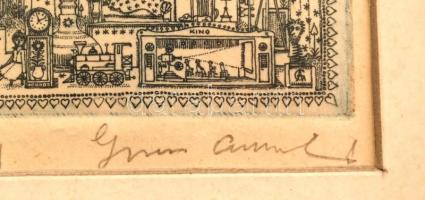 Gross Arnold (1929-2015): Emlék (próba), rézkarc, papír, jelzett, paszpartuban, üvegezett fa keretbe...