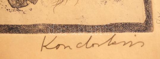 Kondor Lajos (1926-2006): Krúdy-illusztráció, színezett rézkarc, papír, jelzett, plexizett fa keretb...