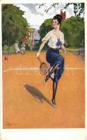 Female tennis player, artist signed (EK)