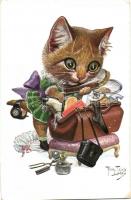 Girl cat with luggage, T.S.N. Serie 1730 (6. Dess) s: Arthur Thiele (EK)