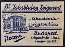 cca 1940 Dr. Jakabházy Zsigmond "Akadémia" gyógyszertára, receptboríték, 8x12cm