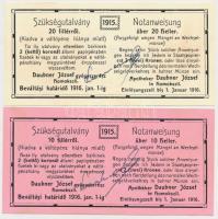 1915. 10f + 20f szükségutalvány "Daubner József gyógyszerész", hátoldalukon "Temes Vármegye Homokszil Község 1910" felülbélyegzéssel T:I,I-