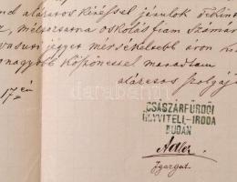 1873 Buda, A Császárfürdő igazgatójának levele a Budai Közút Vaspálya Igazgatóságához