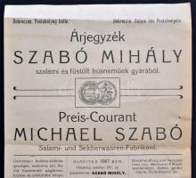 cca 1920 Árjegyzék Szabó Mihály szalámi és füstölt húsnemüek gyárából, 46x15cm