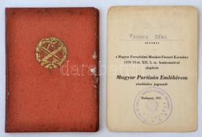 1957 A Magyar Partizán Szövetség tagsági igazolványa és a Magyar partizán emlékérem viselésére jogos...