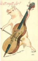 New Year, Pig playing on Double bass, litho s: H.R. (Rb)